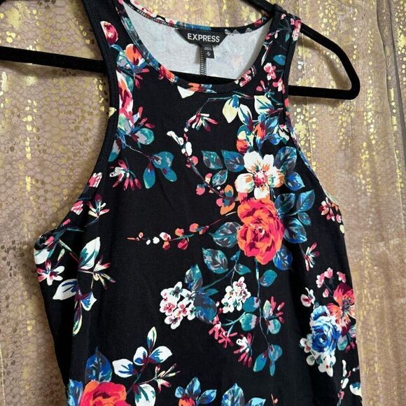 Express Black Bright Floral Rose Bodycon Stretchy Tank Dress Med NWT - Picture 3 of 5